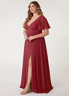 Azazie Kimber Bridesmaid Dresses Pomegranate A-Line Flounce Sleeve Chiffon Dress image7