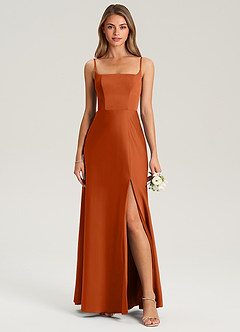 Azazie Lidia Robes de demoiselle d'honneur Robe Sirène en Satin extensible Fente Latérale Orange Brûlée image4