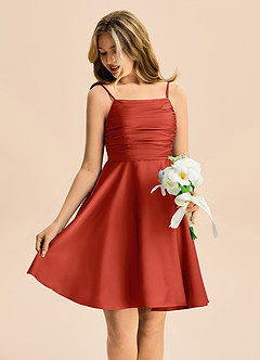 Azazie Miko Junior Rust A-Line Pleated Stretch Satin Dress image4
