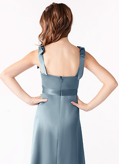 Azazie Barbara Junior Dusty Blue A-Line Bow Stretch Satin Dress image4