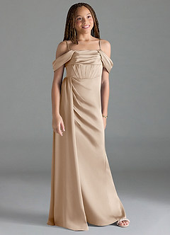Azazie Amyra Junior Taupe Sheath Off the Shoulder Stretch Satin Dress image3