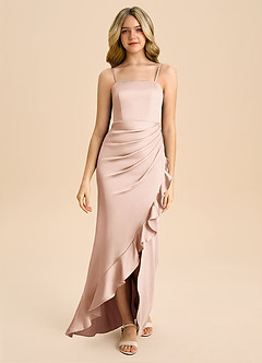 Azazie Buzzy Junior Robe Fourreau en Satin extensible Plissée Or Rose image4