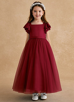 Azazie Suzy Flower Girl Dresses Burgundy A-Line with Sleeves Tulle Dress image2