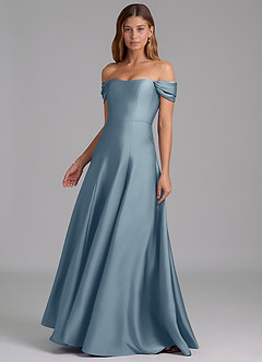 Azazie Seriana At-home Try On Dresses Dusty Blue A-Line Off the Shoulder Stretch Satin Convertible Dress image3