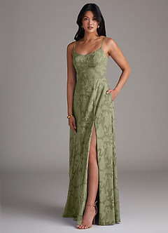 Azazie Moira Jurken voor bruidsmeisjes Jurk van Bloemen Burn-out met A-Lijn Zijsplit Pistache image3