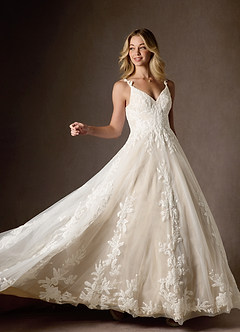 Azazie Delaina Wedding Dresses Diamond White Champagne A-Line V-Neck Sequins Tulle Dress image8