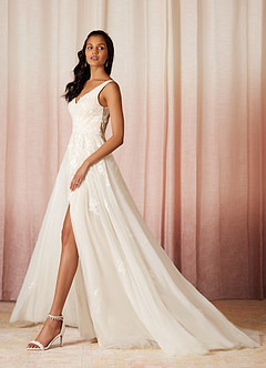 Azazie Joie Wedding Dresses A-Line V-Neck Sequins Tulle Chapel Train Dress image3