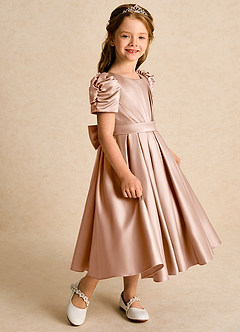 Azazie Miriam vestidos de niña de las flores Vestido de Champán Rosado de Satin Mate de Princesa con Plisado image6