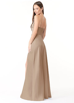 Azazie Halsey Bridesmaid Dresses Taupe Sheath Side Slit Stretch Satin Dress image5