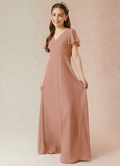 Azazie Induh Junior Champagne Rose A-Line Ruched Chiffon Dress image3
