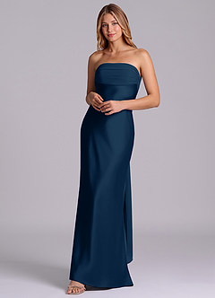 Azazie Ailanie Brudtärnklänningar Klä av Tubklänning i Stretch Satin Axelbandslös Mörk Marinblå image3