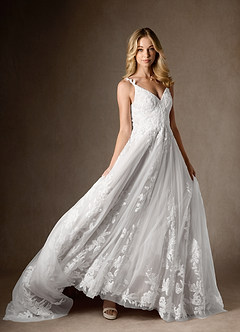 Azazie Delaina Wedding Dresses Diamond White A-Line V-Neck Sequins Tulle Dress image11