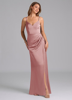 Azazie Leo Final Sale Dusty Rose Sheath Pleated Stretch Satin Dress image4
