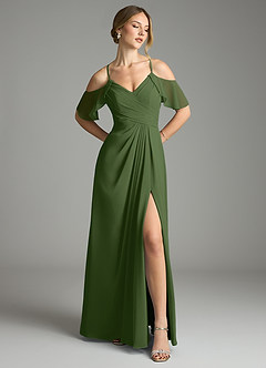 Azazie Dakota Bridesmaid Dresses Olive A-Line V-Neck Pleated Chiffon Dress image1