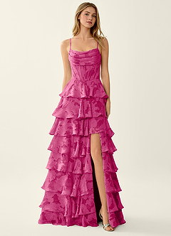 Wrenana Fuchsia Textured Floral Jacquard Prom Dress image4