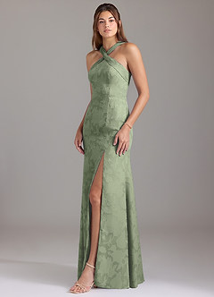 Azazie Rue Bridesmaid Dresses Agave A-Line Pleated Floral Burnout Dress image3