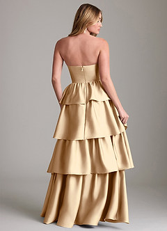 Azazie Faye Bridesmaid Dresses Champagne A-Line Ruched Stretch Satin Dress image2