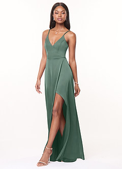 Azazie Maksim Bridesmaid Dresses Eucalyptus A-Line V-Neck Stretch Satin Dress image4