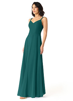 Azazie Janine Bridesmaid Dresses Peacock A-Line V-Neck Chiffon Dress image2