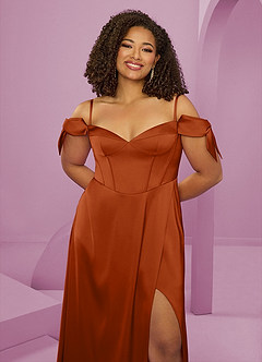 Barbie ♥ Azazie Bridesmaid Dresses Burnt Orange A-Line Off the Shoulder Stretch Satin Dress image3