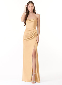 Azazie Leonis Bridesmaid Dresses Gold Mermaid Pleated Stretch Satin Convertible Dress image3