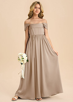 Azazie Hattie Junior Abito A-Line in Raso Elasticizzato Plissettato Taupe image3