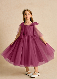 Azazie Dori Flower Girl Dresses Mulberry A-Line Ruched Tulle Dress image6