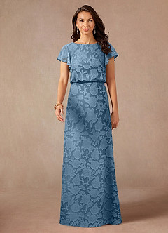 Azazie Lehi vestidos de madre de la novia Vestido de Azul Acero de Devorado Floral de Corte En A con Cuello de barco image4