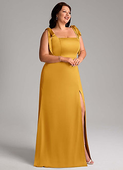 Azazie Frostine Bridesmaid Dresses Butterscotch A-Line Bow Stretch Satin Dress image9