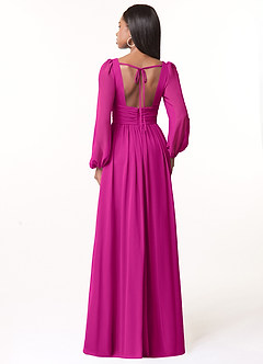 Azazie Norah Bridesmaid Dresses Fuchsia A-Line V-Neck Long Sleeve Chiffon Dress image2