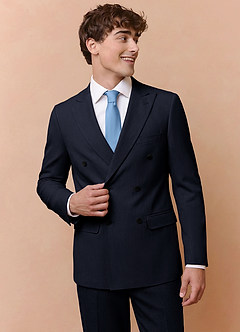 front Collins Navy Blue Double Breasted Wool Blend Suit Jacket