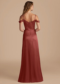 Azazie Ocean Bridesmaid Dresses Terracotta A-Line Off the Shoulder Metallic Satin Dress image2