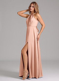 Azazie Evalleen Bridesmaid Dresses Rose Gold A-Line Pleated Stretch Satin Dress image4