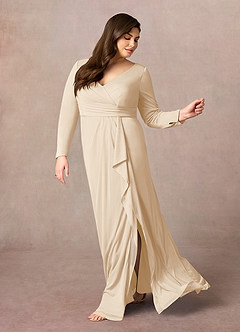 Azazie Risa Mother of the Bride Dresses Champagne Mermaid V-Neck Pleated Mesh Dress image7