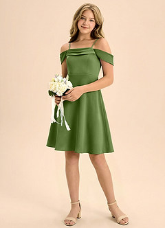 Azazie Anselie Junior Jurk van Stretch Satijn met A-Lijn Geplooid Jeneverbes image1