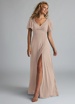 Azazie Induh Bridesmaid Dresses Taupe A-Line Flutter V-neck Mesh Dress image1