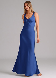 Azazie Kamila 신부 들러리 드레스 A라인 주름진 스트레치 새틴 바닥 길이 드레스 image3