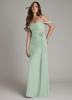 Azazie Ezria At-home Try On Dresses Agave A-Line Off the Shoulder Chiffon Dress image5