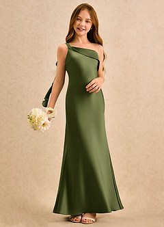 Azazie Almond Girls Formal Abiti da Ragazza di Fiori Abito Tubino in Raso Elasticizzato Monospalla Oliva image2