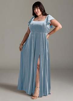 Azazie Bondi Bridesmaid Dresses Dusty Blue A-Line Side Slit Velvet Dress image10