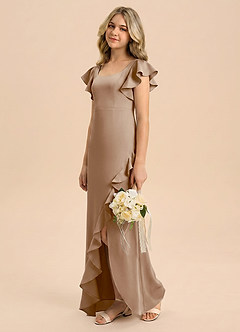 Azazie Demi Junior Taupe Mermaid Bow Stretch Satin Dress image2