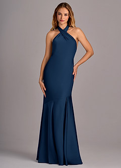 Azazie Lorena Vestidos de damas de honor Vestido de Azul Marino Oscuro de Satén Elástico de Corte Sirena con Plisado image4