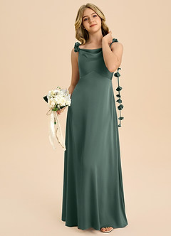 Azazie Gumdrop Junior Sea Moss Empire Pleated Stretch Satin Dress image2