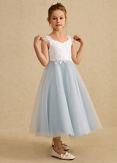 Azazie Momo Blumenmädchenkleider A-Linie Spitze Kleid Elfenbein Seeglas Blau image5