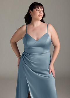 Azazie Marchella Bridesmaid Dresses Dusty Blue A-Line Corset Stretch Satin Dress image11