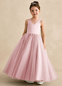 Azazie Peanut Flower Girl Dresses Powder Pink A-Line Strap Tulle Dress image4
