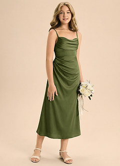 Azazie Mai Junior Osłona Pofałdowany Satyna elastyczna Długość herbaty Młodsza druhna Sukienka image5