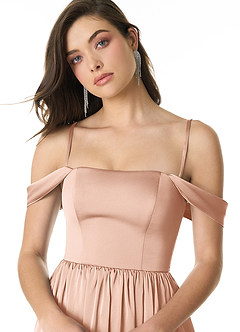Azazie Morana Bridesmaid Dresses Rose Gold A-Line Off the Shoulder Stretch Satin Convertible Dress image6