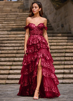 Glitz Rojo Vestido de fiesta de corte A con volantes image5