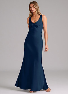 Azazie Kamila Brautjungfernkleider A-Linie Plissee Stretch-Satin Kleid Dunkelmarine image3